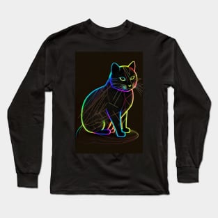 Cool Cat Portrait Neon Art Style Long Sleeve T-Shirt